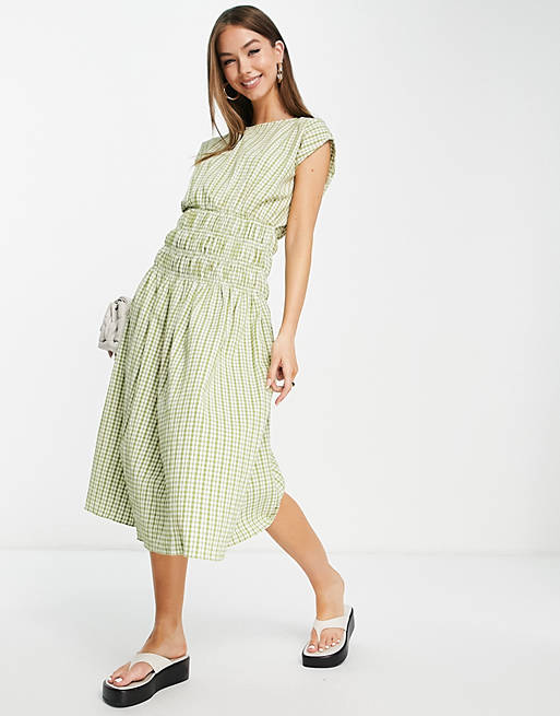  Aligne midi dress with pleated shoulder and shirred waist in khaki gingham check 