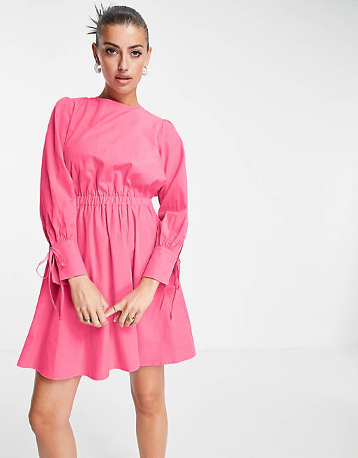  Aligne organic cotton mini dress with open tie back and sleeve detal in pink 