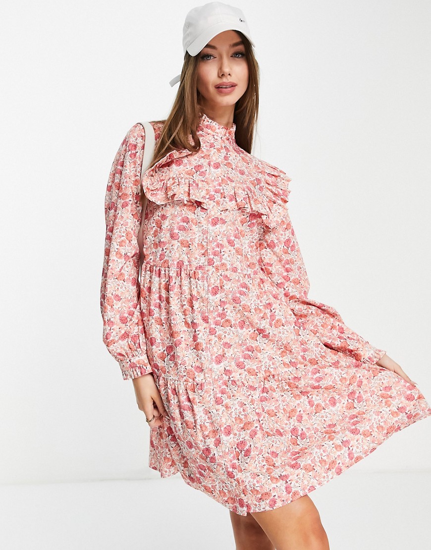 Aligne organic cotton mini shirt dress with ruffle detail in vintage floral print-Pink