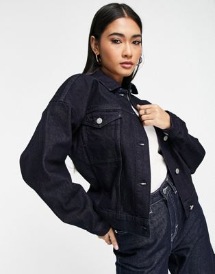 Aligne cotton oversized cropped denim jacket in dark indigo  - MBLUE