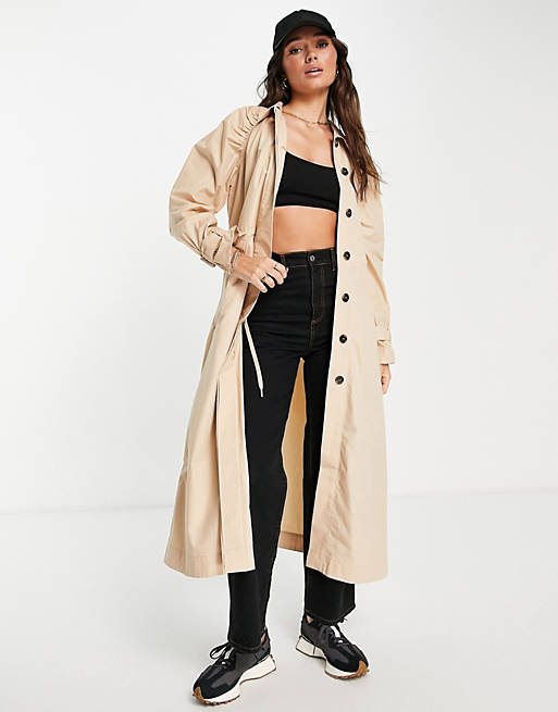 Women Aligne organic cotton trench coat with ruched shoulder detail in stone 