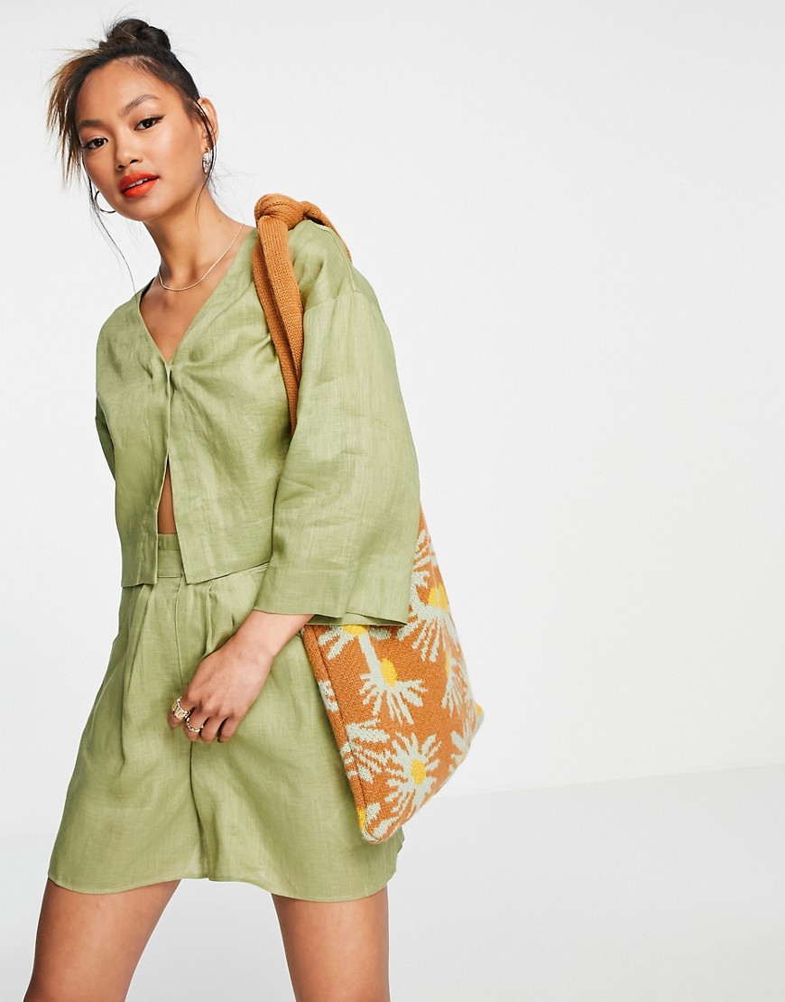 Aligne organic linen cropped jacket in khaki - part of a set-Green