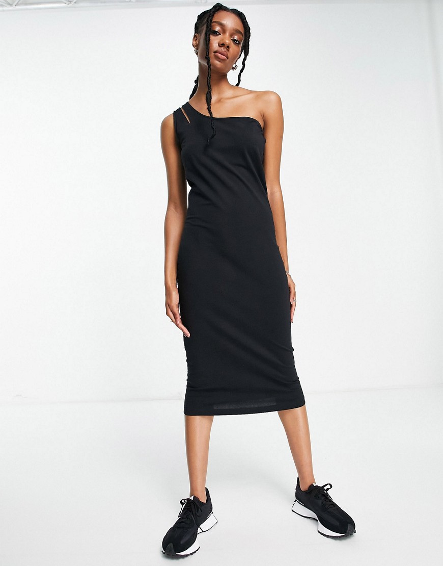 Aligne sustainable one shoulder asymmetric midi dress in black