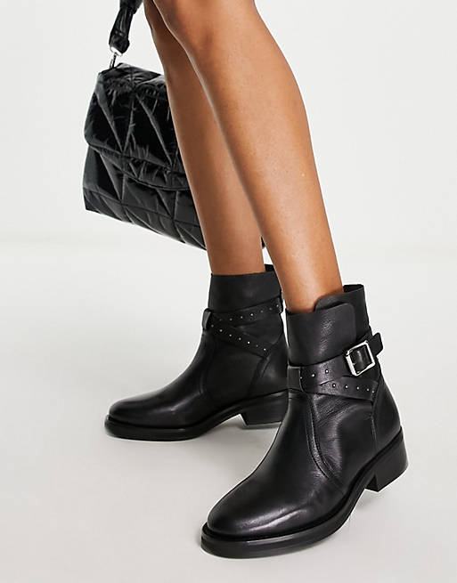 All Saints carla stud strap ankle boots in black leather | ASOS