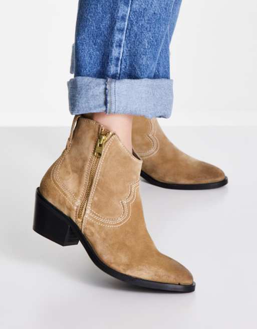 All Saints carlotta suede heeled side zip ankle boots in sand