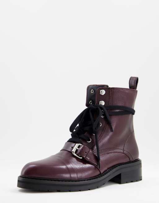 All Saints – Donita – Skórzane sznurowane buty do kostki w bordowym kolorze