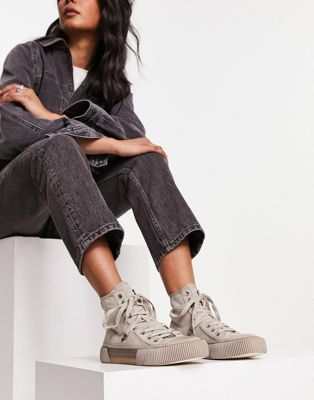 All Saints elena high top lace up trainers in stone suede