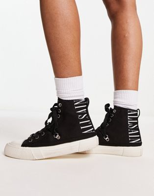 All Saints elena stamp high top lace up trainers in black canvas