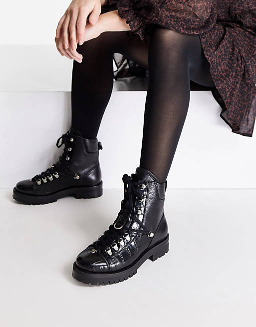 All Saints franka croc leather hiking boots in black leather | ASOS