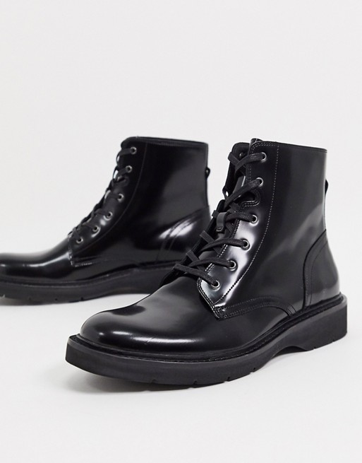 All Saints nova high shine leather lace up boots in black | ASOS
