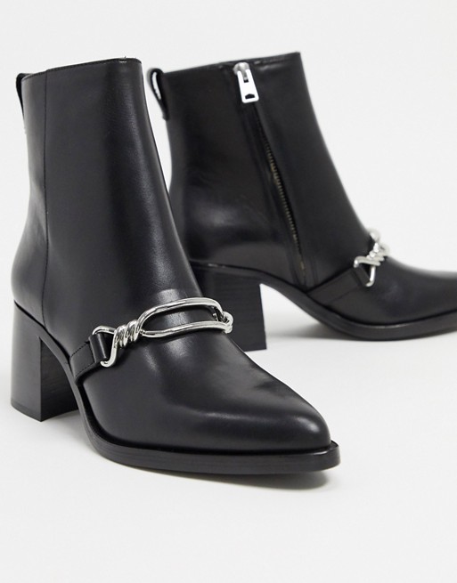 All Saints rhye leather chain detail heeled boots in black