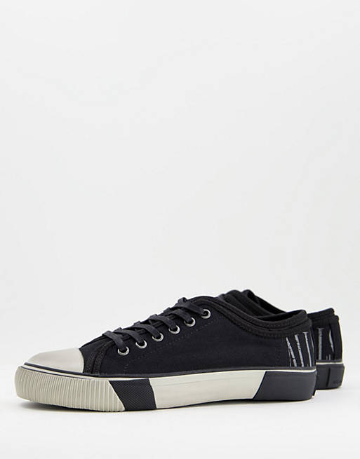All Saints rigg low top stamp lace up canvas trainers in black | ASOS