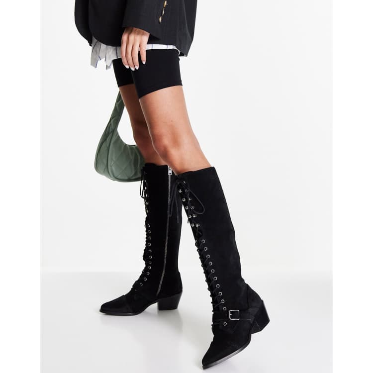 All Saints savannah heeled lace up over the knee boots in black leather ASOS