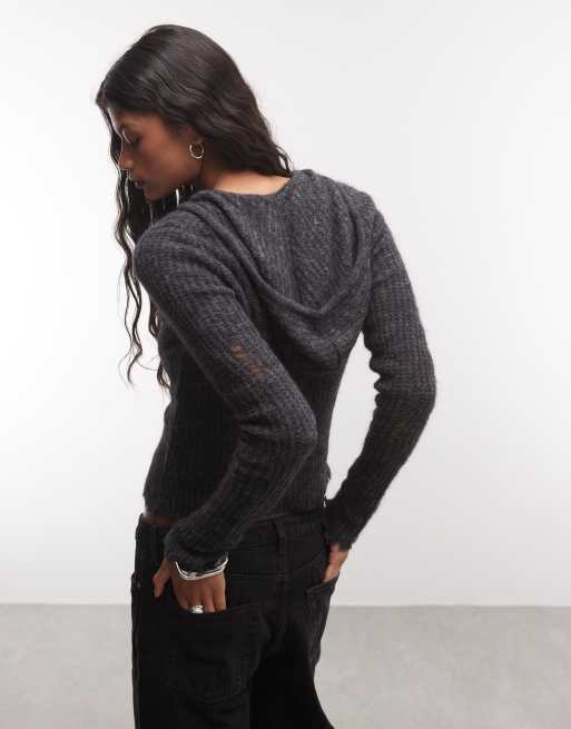 AllSains Mabel distressed knitted zip through hoodie in charcoal grey, 3 of 4