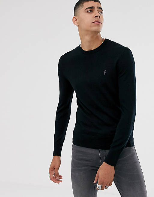 AllSaints 100% merino wool crew neck jumper in black | ASOS