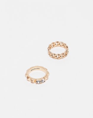 AllSaints 2 pack chain rings in gold