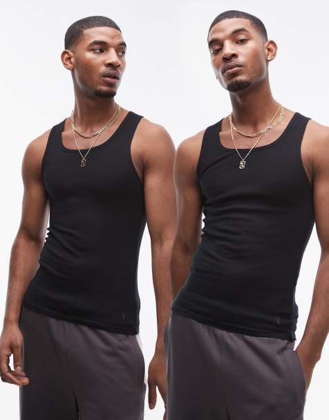 AllSaints 2 pack ribbed singlets in black - view 1