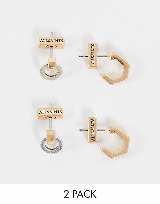 AllSaints 2 pack stud earrings in brass with gold and silver finish