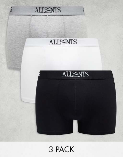 AllSaints 3-pack cotton trunks in black, grey, white
