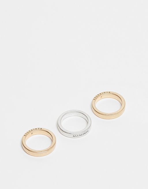 AllSaints 3-pack mixed tone ring bands in gold/silver