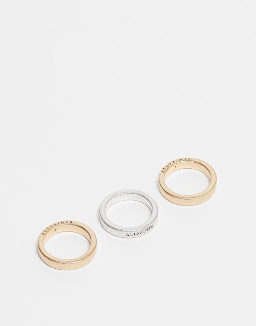 AllSaints 3-pack mixed tone ring bands in gold/silver