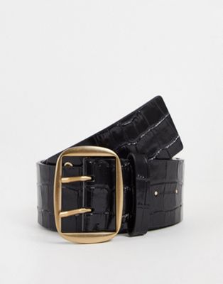 AllSaints 55mm leather waist belt in black croc - ASOS Price Checker
