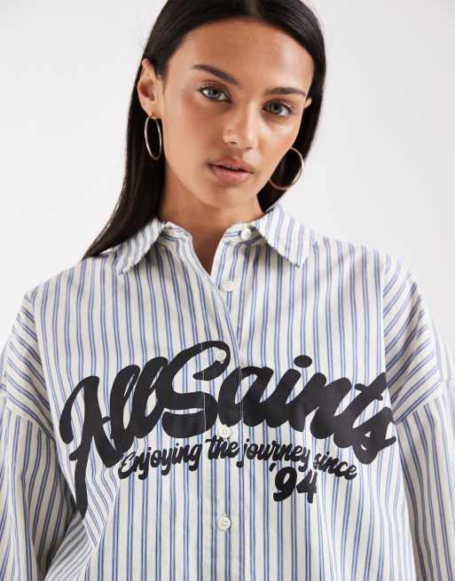 AllSaints adrianne button down stripe logo shirt in blue, 3 of 4