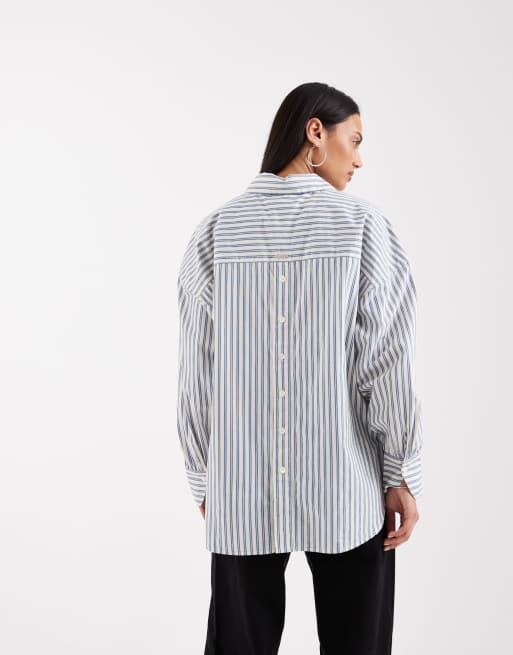 AllSaints adrianne button down stripe logo shirt in blue, 4 of 4