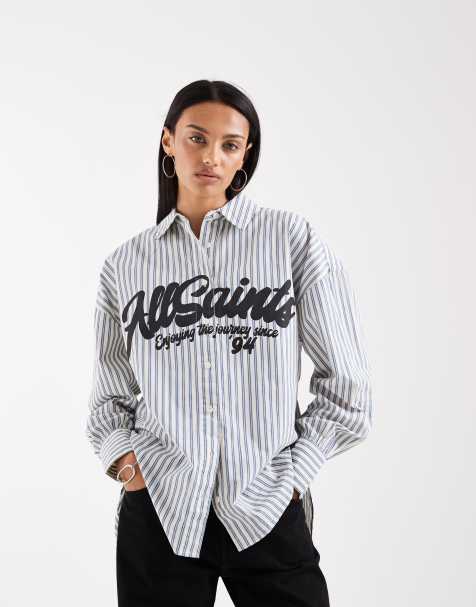 AllSaints Adrianne button-down stripe logo shirt in blue - view 1