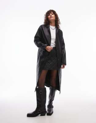 AllSaints Aire long leather coat in black