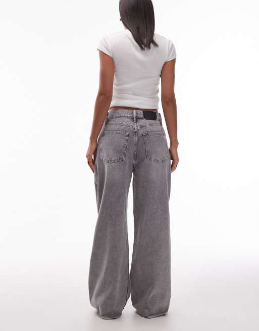 AllSaints Aki cross over wide leg denim jean in mid washed grey | ASOS