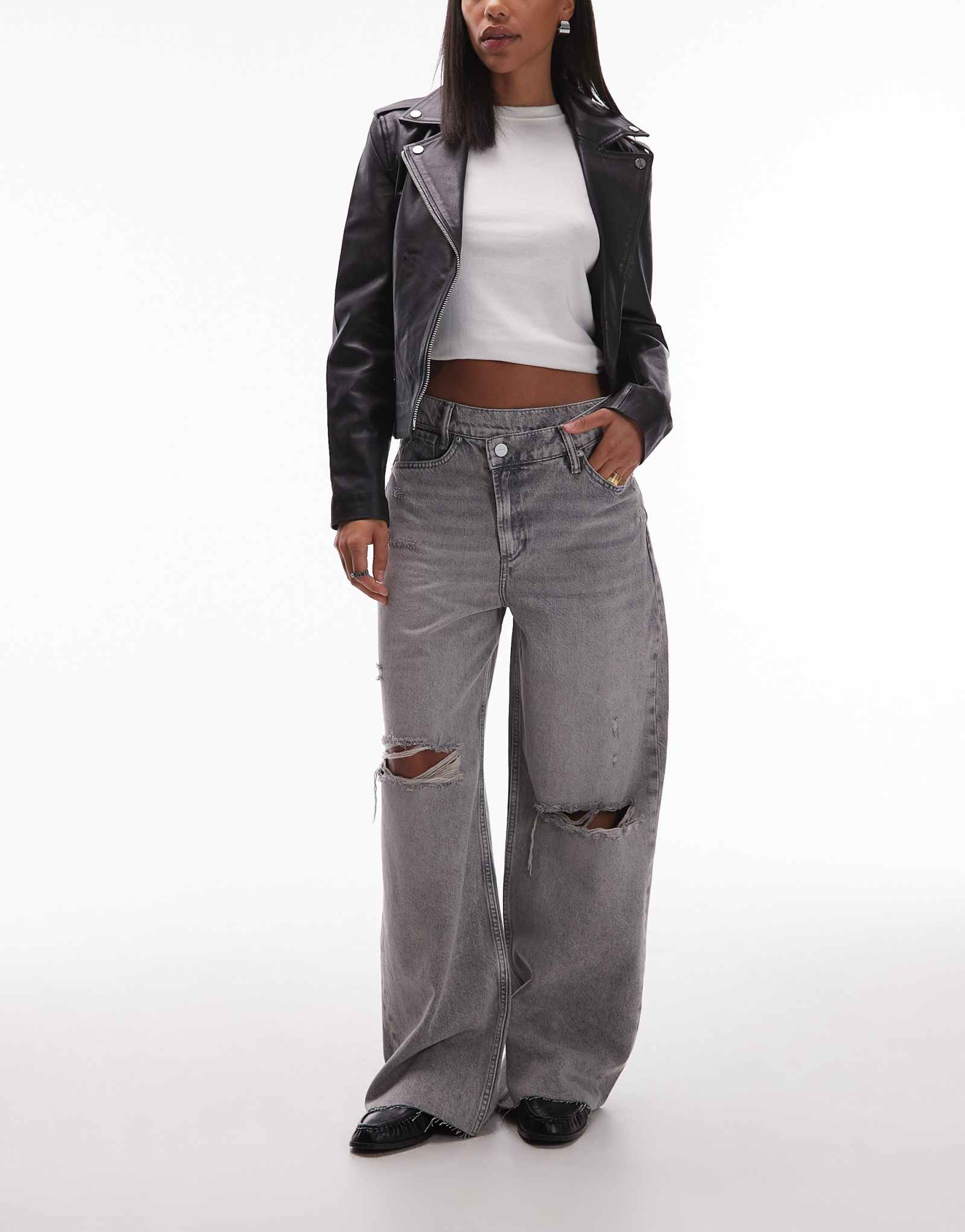 Широкие джинсы AllSaints Aki с перекрещивающимися штанинами темносерого цвета