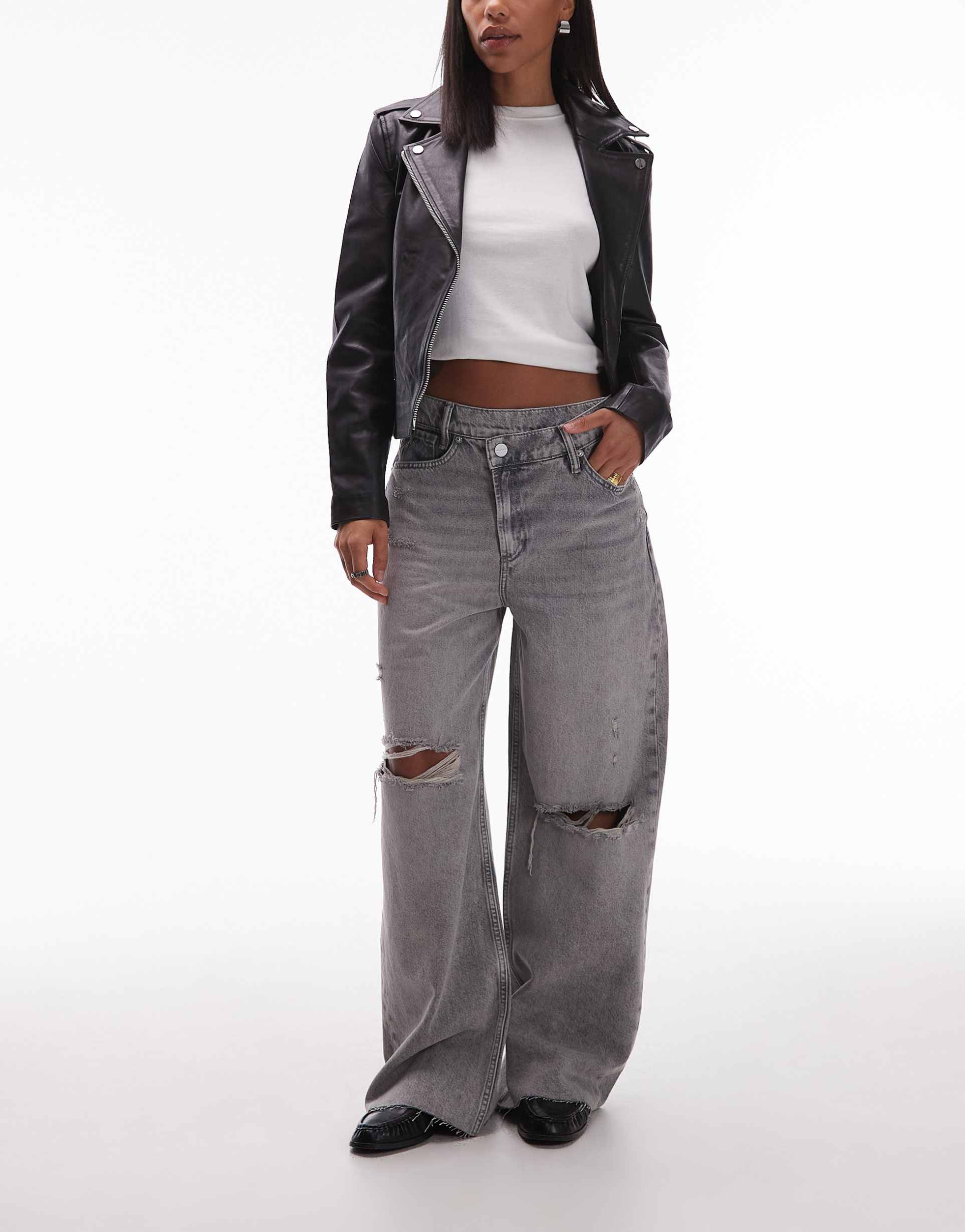 allsaints aki cross over wide leg denim jeans in mid washed gray