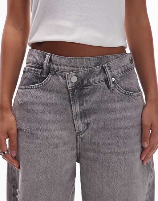 AllSaints Aki cross over wide leg denim jeans in mid washed gray