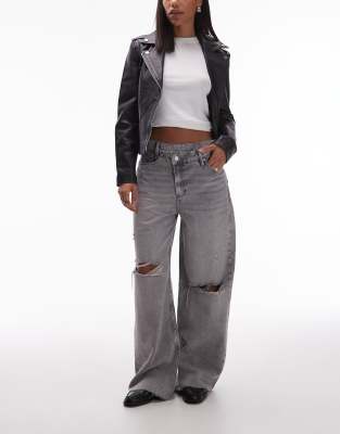 AllSaints - Aki - Denim-Jeans in verwaschenem Mittelgrau mit weitem Bein und überkreuztem Bund