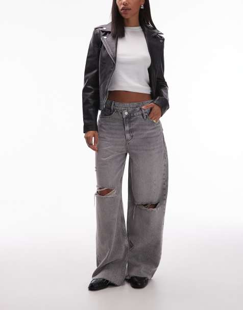 AllSaints - Aki - Denim jeans met wijde pijpen en gekruist detail in mid-wash grijs met wassing - view 1