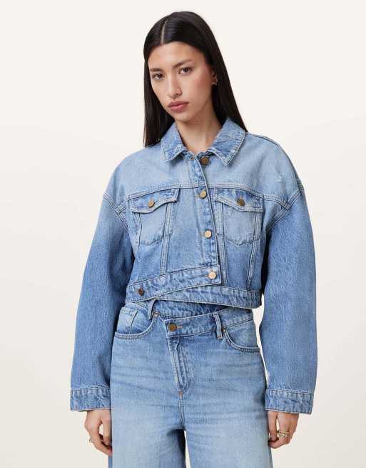 AllSaints – Aki – Jacke in hellem Indigoblau mit überkreuztem Design