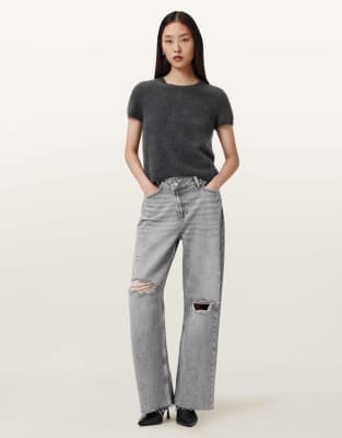 AllSaints - Aki - Jeans in Destroy-Grau mit überkreuztem Bund