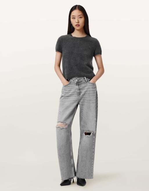 AllSaints – Aki – Jeans in Destroy-Grau mit überkreuztem Bund