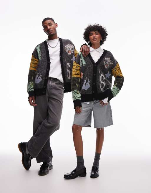 AllSaints Akki Unisex collegiate graphic cardigan in gray