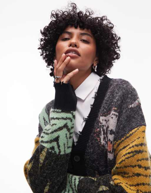 AllSaints Akki Unisex collegiate graphic cardigan in gray | ASOS