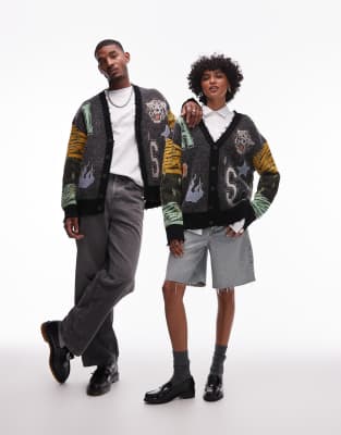 AllSaints Akki unisex collegiate graphic cardigan in grey