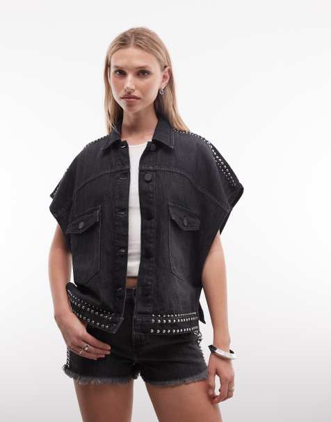 AllSaints – Alba – Kurzärmliges Jeanshemd in verwaschenem Schwarz mit Nietendetails - view 1