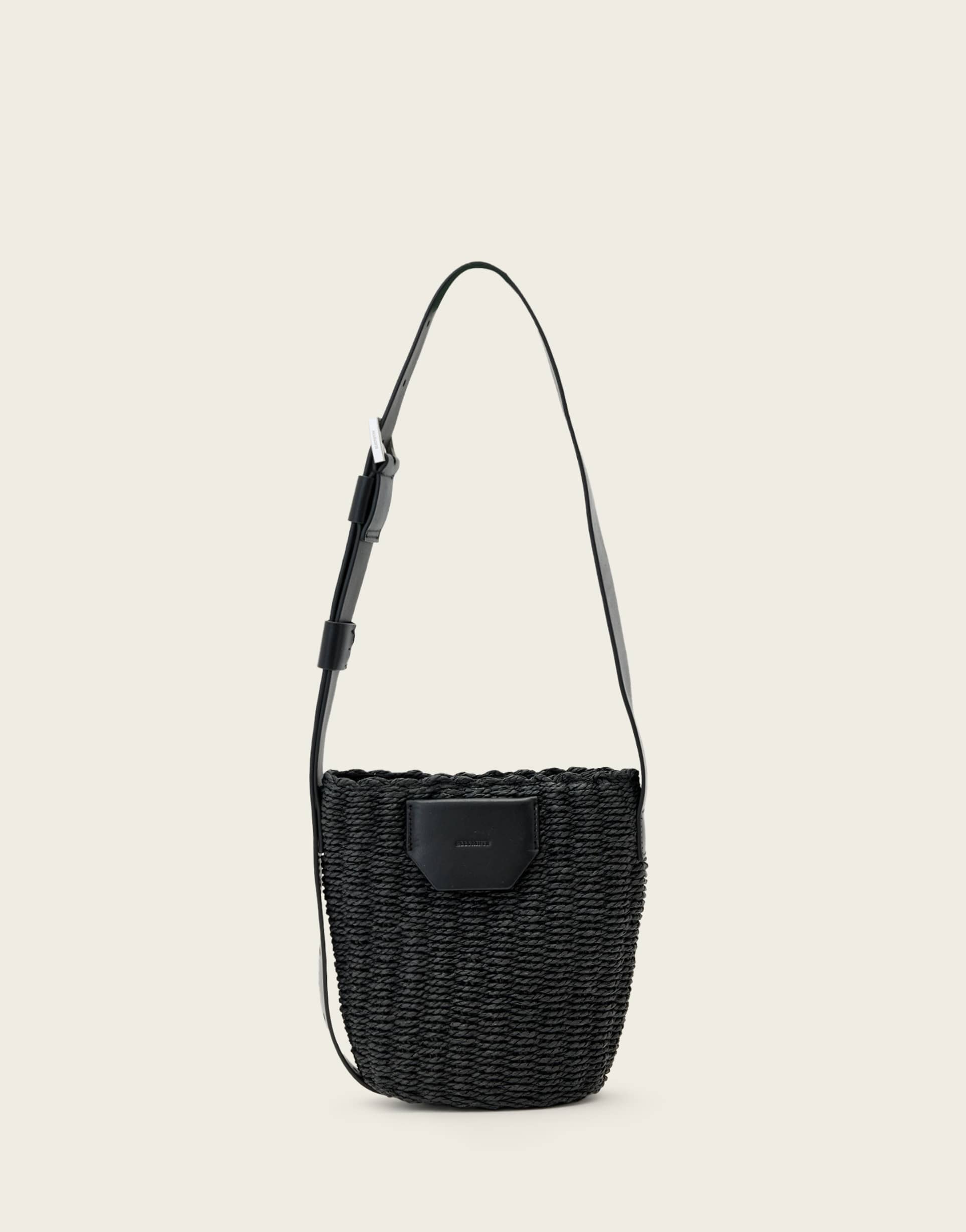 allsaints alba raffia crossbody bag in black