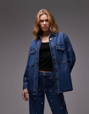 AllSaints Alba stud denim shirt in mid indigo-Blue