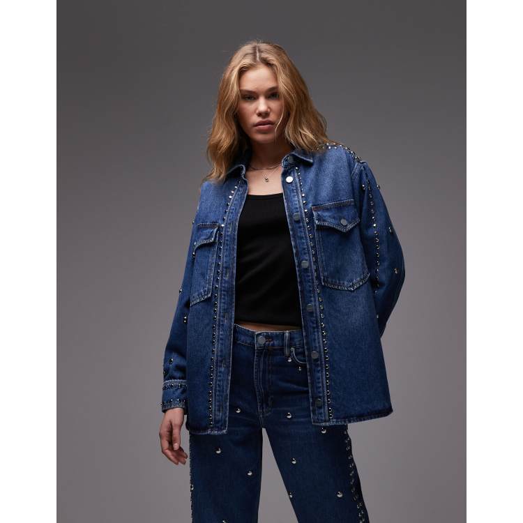 AllSaints Alba stud denim shirt in mid indigo | ASOS