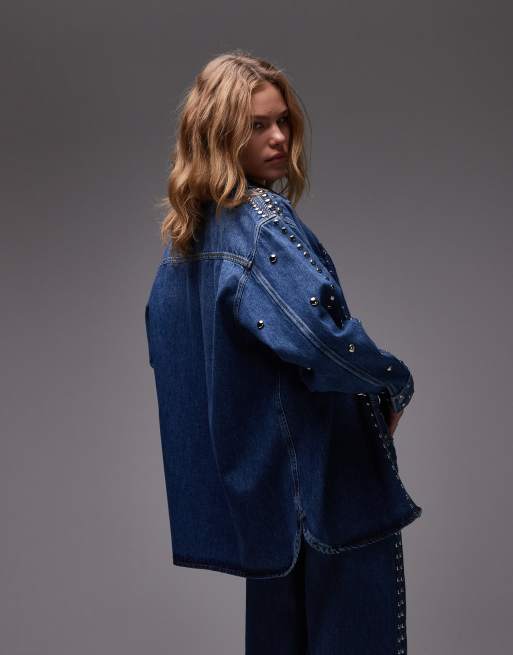 AllSaints Alba stud denim shirt in mid indigo | ASOS