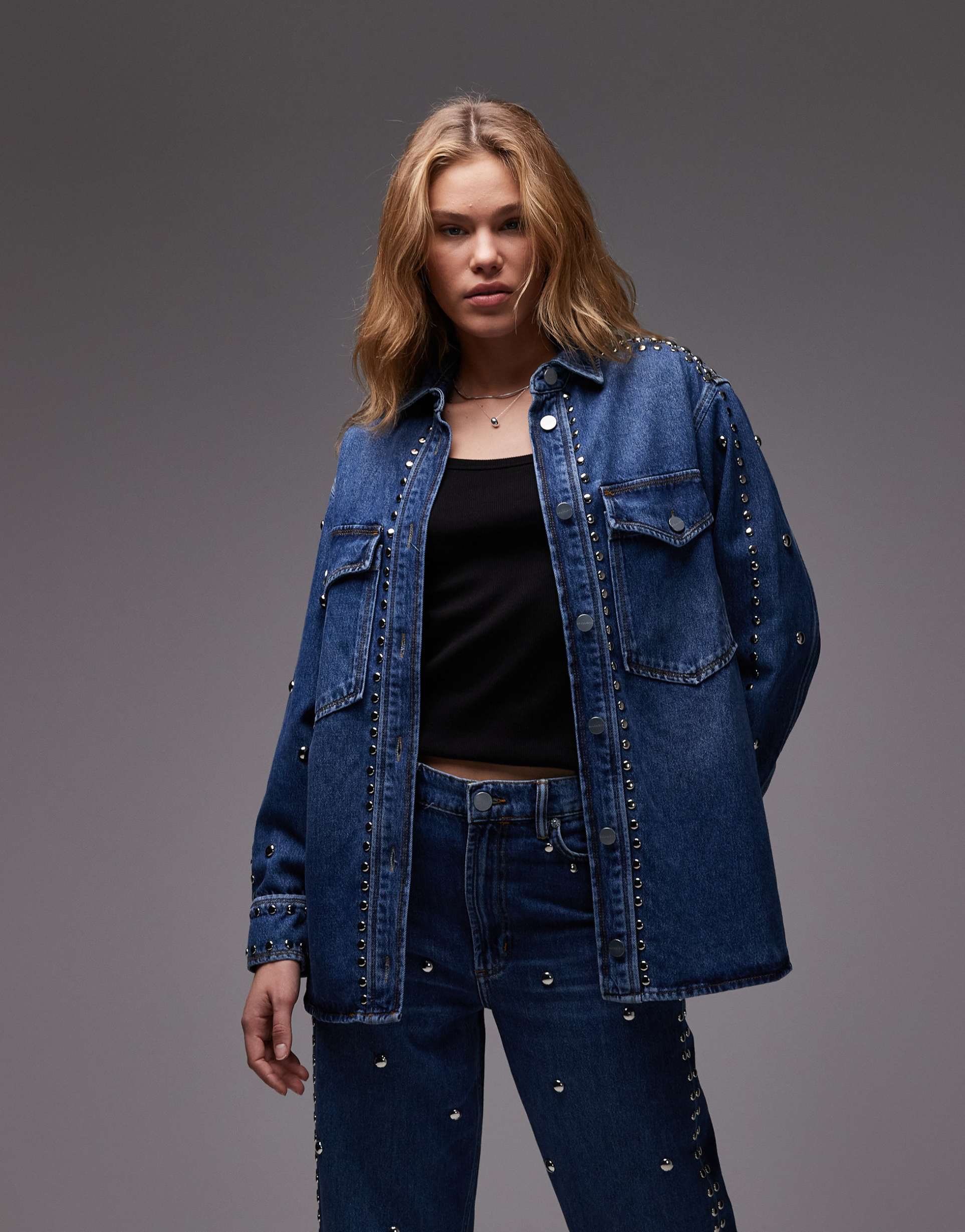 allsaints alba studded denim shirt in mid indigo