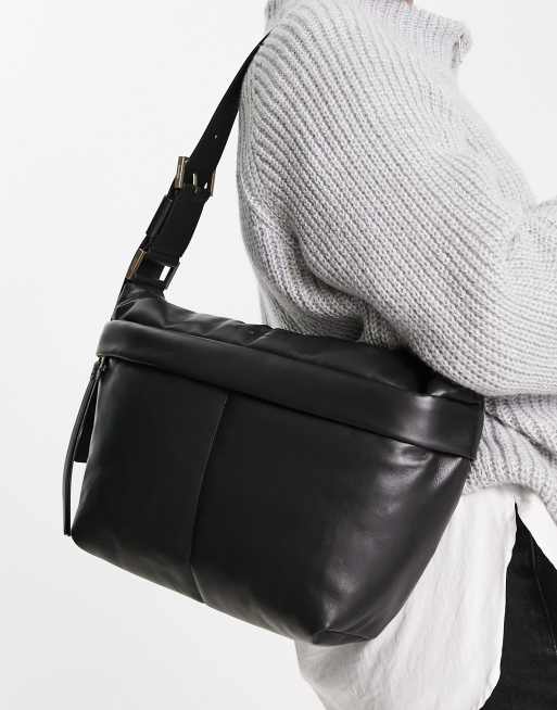 AllSaints Albertine leather quilt shoulder bag in black | ASOS