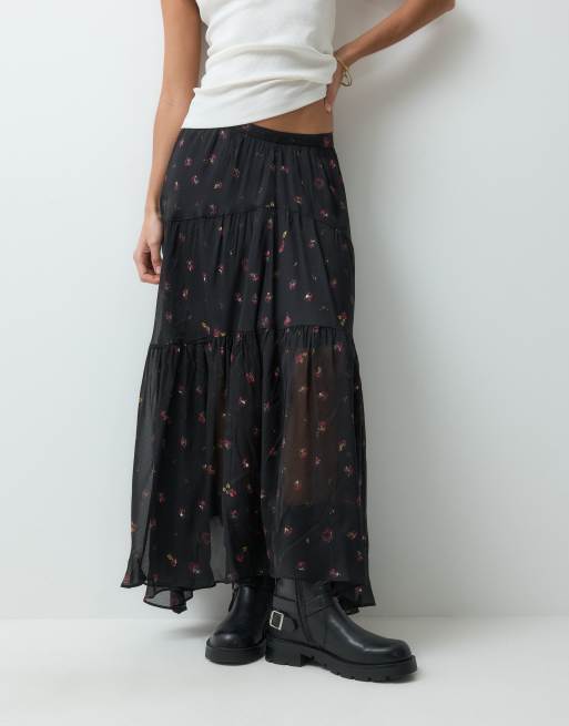 AllSaints Alex tiered floral print sheer midi skirt in black, 2 of 5